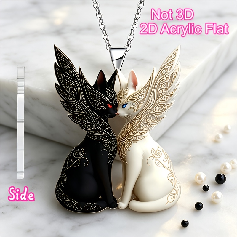 2D Flat Fashionable Cute Black and White Winged Cat Necklace Pendant